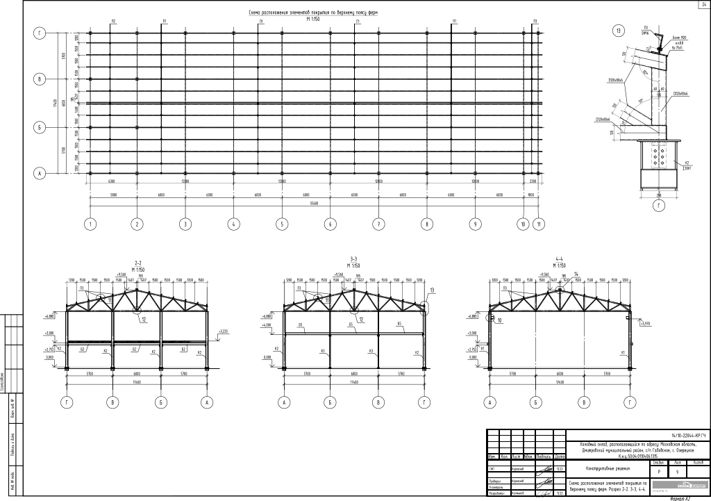Конструктивные решения - Схема расположения элементов покрытия по верхнему поясу ферм. Разрез 2-2, 3-3, 4-4